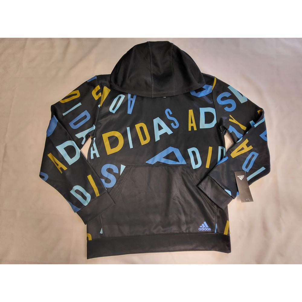 Adidas Boys XL 18/20 Hoodie Black Blue Yellow All Over Logo Print AA7642 NEW - Picture 2 of 8